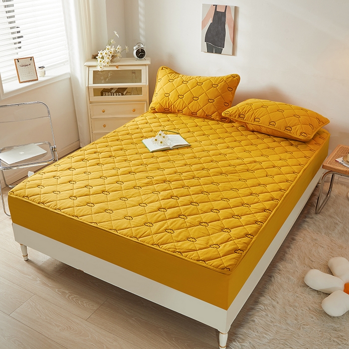 91家纺网 家纺一手货源 找家纺 3C 2024新款全棉抗菌抑菌云朵刺绣床笠 柠檬黄