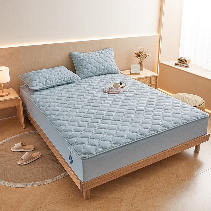 91家纺网 家纺一手货源 找家纺 3C 2024新款全棉色织水洗绵抗菌床笠 浅蓝色