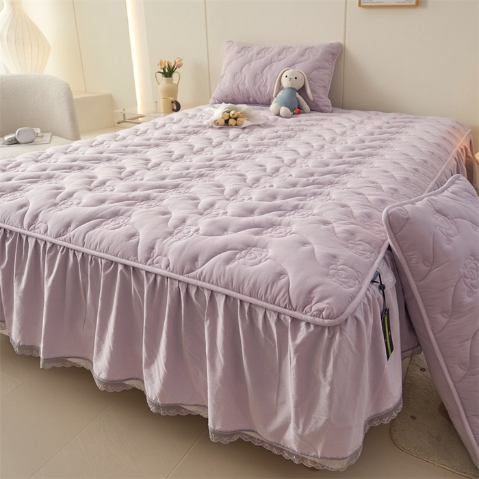 91家纺网 家纺一手货源 找家纺 3C 2024新款玫瑰水洗棉床裙式床笠 优雅紫