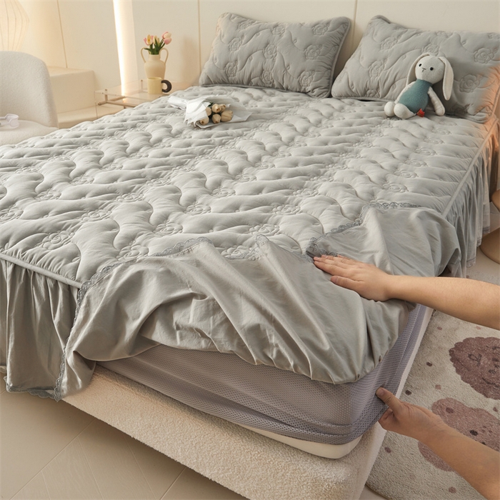 91家纺网 家纺一手货源 找家纺 3C 2024新款玫瑰水洗棉床裙式床笠 夜光灰