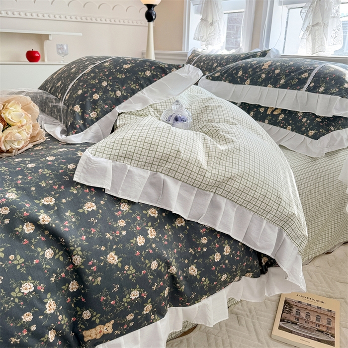 91家纺网 家纺一手货源 找家纺 简宜家居（朝初家纺） 2025新款40支斜纹全棉花边款四件套 水墨印花