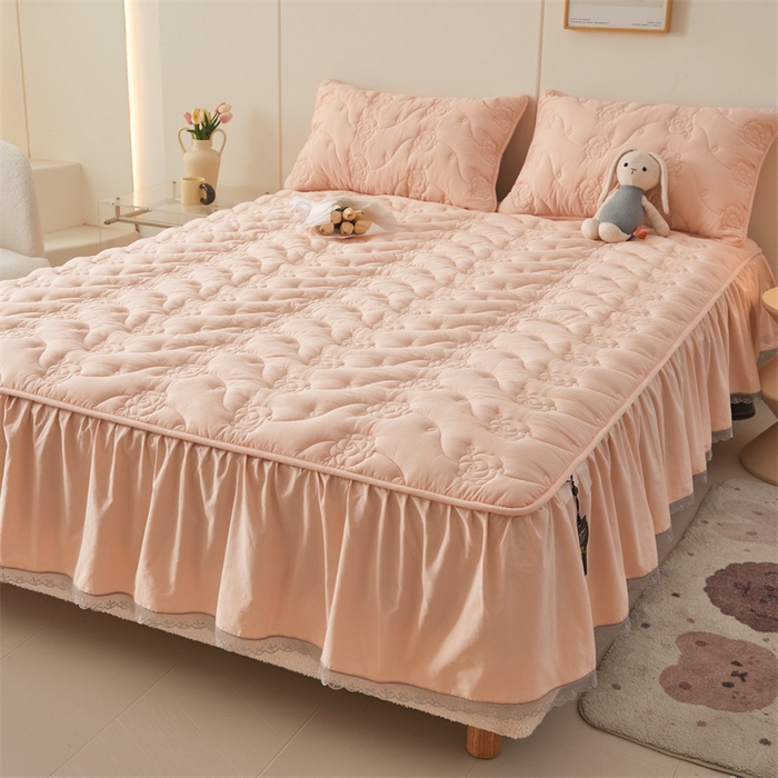 91家纺网 家纺一手货源 找家纺 3C 2024新款玫瑰水洗棉床裙式床笠 典雅玉