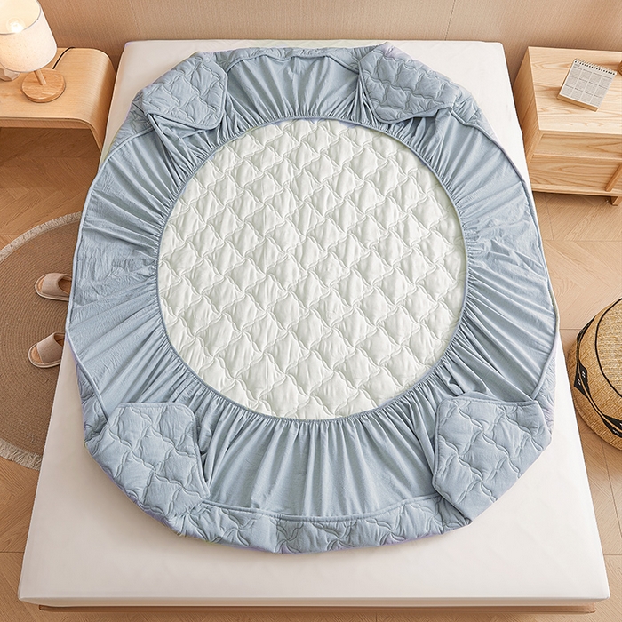 91家纺网 家纺一手货源 找家纺 3C 2024新款全棉色织水洗绵抗菌床笠 浅蓝色