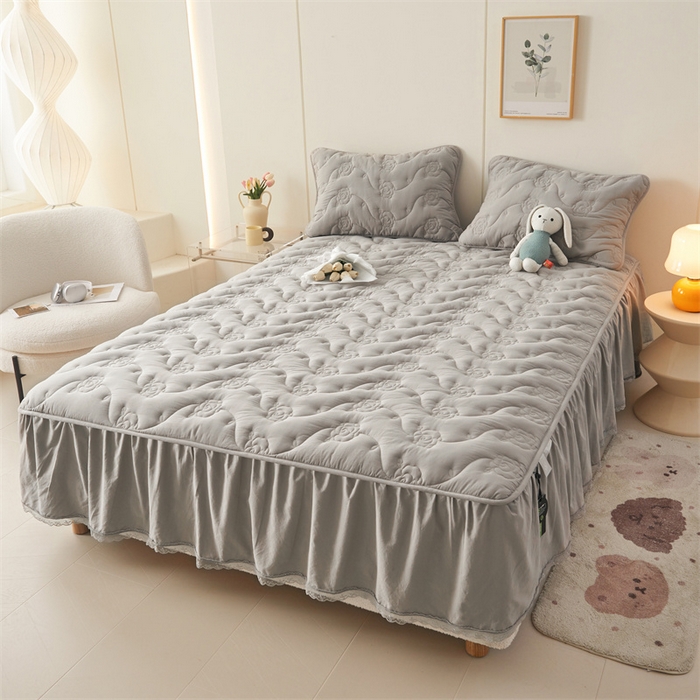 91家纺网 家纺一手货源 找家纺 3C 2024新款玫瑰水洗棉床裙式床笠 夜光灰