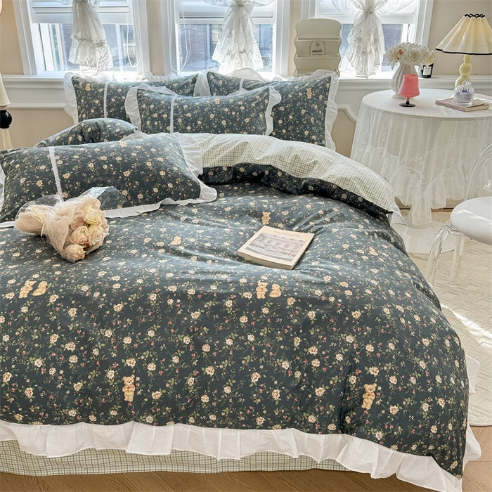 91家纺网 家纺一手货源 找家纺 简宜家居（朝初家纺） 2025新款40支斜纹全棉花边款四件套 水墨印花