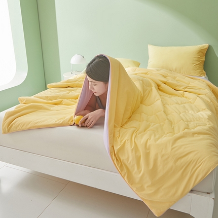 91家纺网 家纺一手货源 找家纺 董韵家纺 2025新款A类氨纶凉感丝西瓜抗菌夏被 撞色-鹅黄+梦幻紫