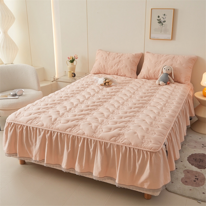 91家纺网 家纺一手货源 找家纺 3C 2024新款玫瑰水洗棉床裙式床笠 典雅玉