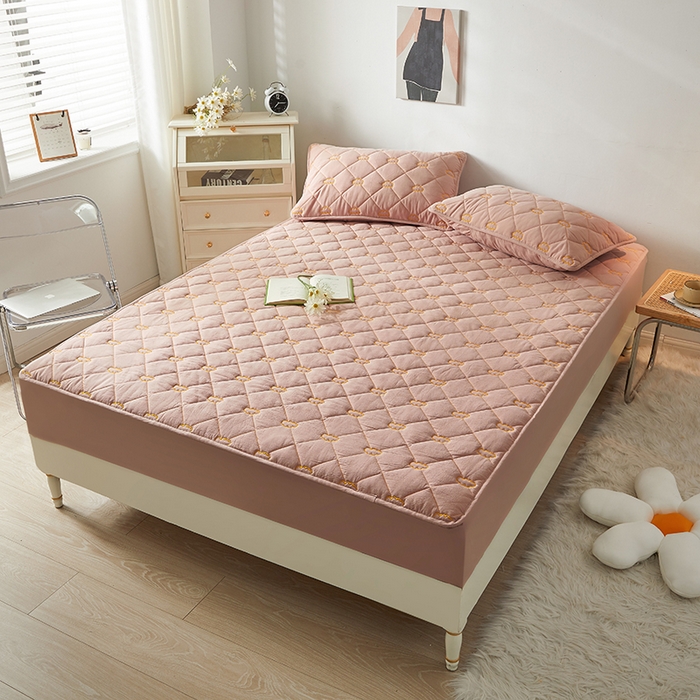 91家纺网 家纺一手货源 找家纺 3C 2024新款全棉抗菌抑菌云朵刺绣床笠 浅豆沙