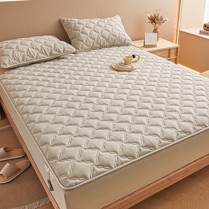 91家纺网 家纺一手货源 找家纺 3C 2024新款全棉色织水洗绵抗菌床笠 清新灰