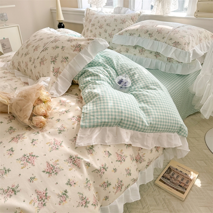 91家纺网 家纺一手货源 找家纺 简宜家居（朝初家纺） 2025新款40支斜纹全棉花边款四件套 寻意花海