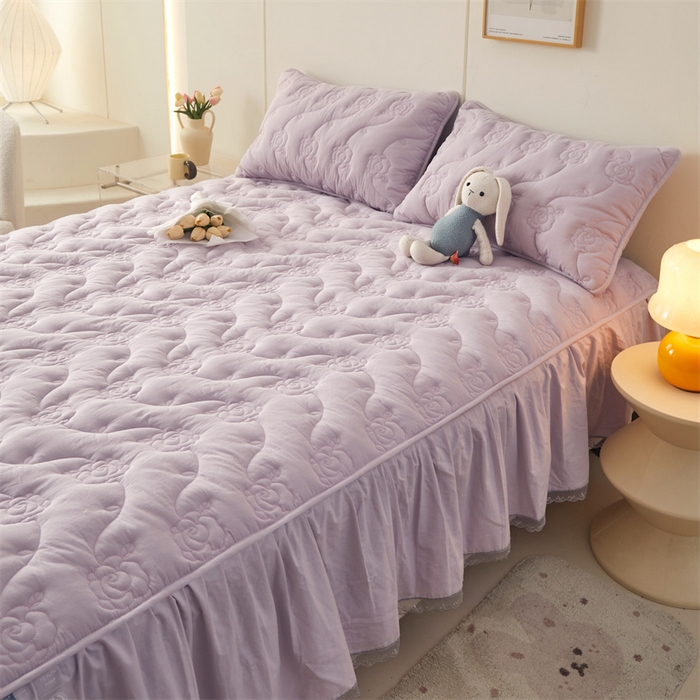 91家纺网 家纺一手货源 找家纺 3C 2024新款玫瑰水洗棉床裙式床笠 优雅紫