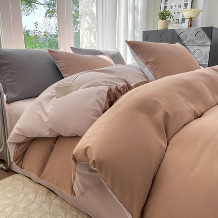 91家纺网 家纺一手货源 找家纺 芷凡家纺 2024新款水洗磨毛四件套 红咖+玫瑰金