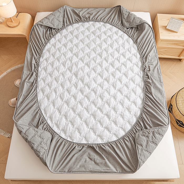 91家纺网 家纺一手货源 找家纺 3C 2024新款全棉色织水洗绵抗菌床笠 冰山灰