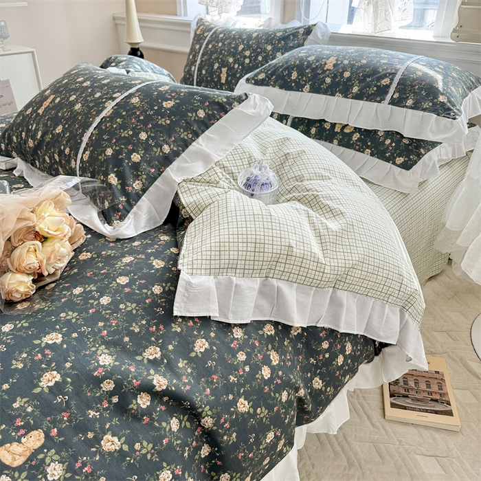 91家纺网 家纺一手货源 找家纺 简宜家居（朝初家纺） 2025新款40支斜纹全棉花边款四件套 水墨印花