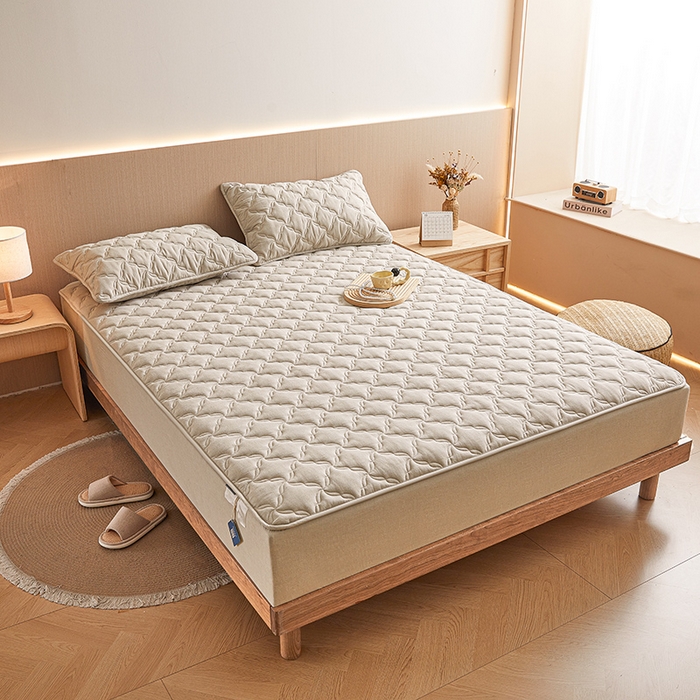 91家纺网 家纺一手货源 找家纺 3C 2024新款全棉色织水洗绵抗菌床笠 清新灰