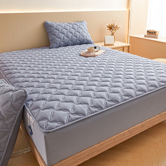 91家纺网 家纺一手货源 找家纺 3C 2024新款全棉色织水洗绵抗菌床笠 蓝灰色