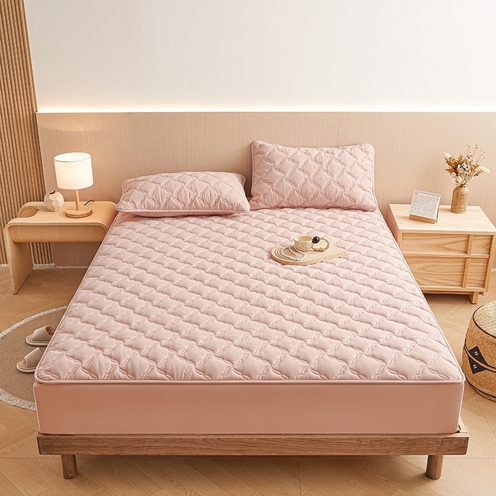 91家纺网 家纺一手货源 找家纺 3C 2024新款全棉色织水洗绵抗菌床笠 浅豆沙