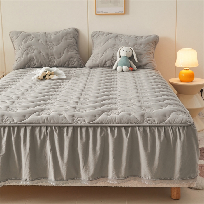 91家纺网 家纺一手货源 找家纺 3C 2024新款玫瑰水洗棉床裙式床笠 夜光灰