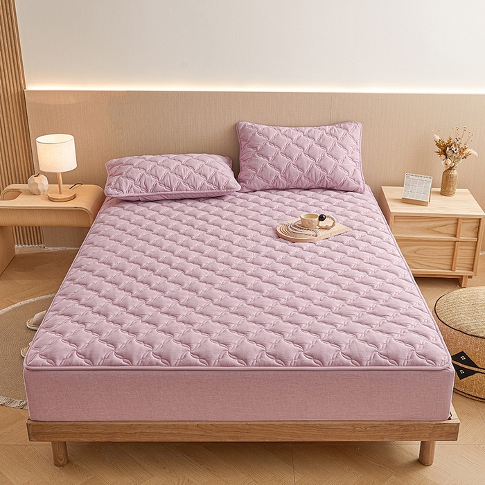 91家纺网 家纺一手货源 找家纺 3C 2024新款全棉色织水洗绵抗菌床笠 浅紫色