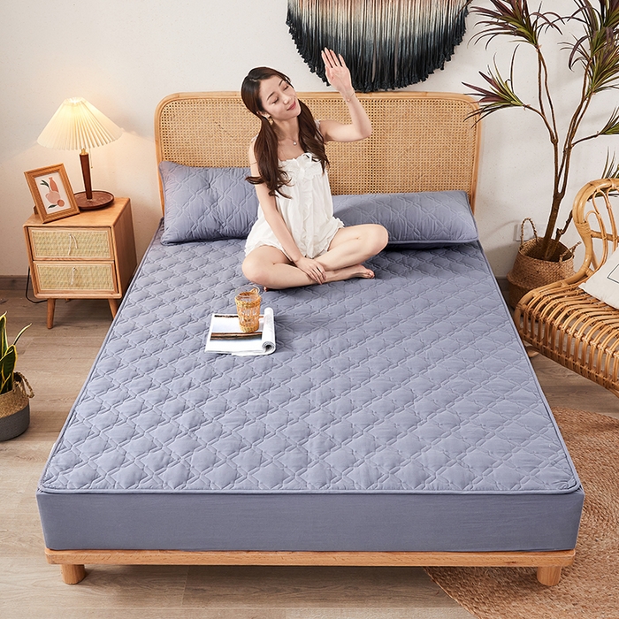 91家纺网 家纺一手货源 找家纺 3C 2024新款抗菌防螨透气防水夹棉床笠 蓝灰色