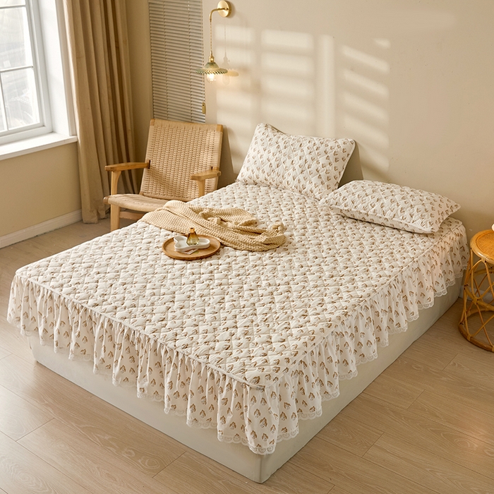 91家纺网 家纺一手货源 找家纺 3C 2024新款全棉水洗棉印花大豆床笠 铃兰花开花边款