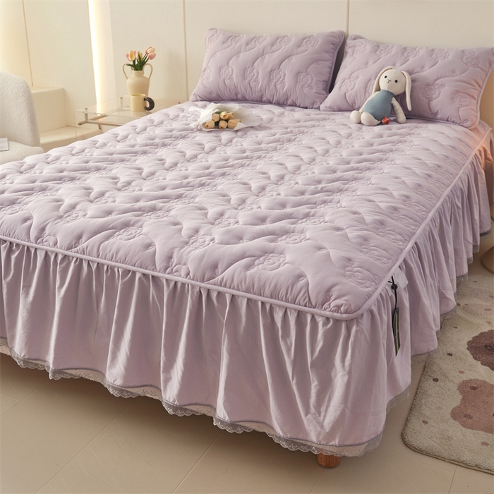 91家纺网 家纺一手货源 找家纺 3C 2024新款玫瑰水洗棉床裙式床笠 优雅紫