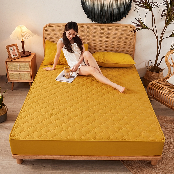 91家纺网 家纺一手货源 找家纺 3C 2024新款抗菌防螨透气防水夹棉床笠 柠檬黄