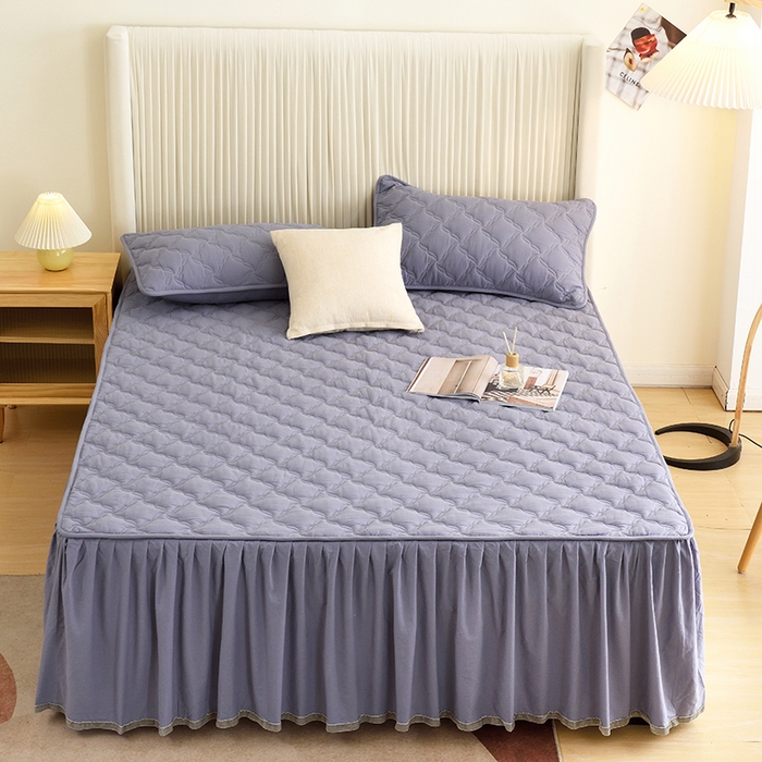 91家纺网 家纺一手货源 找家纺 3C 2024新款风车抗菌水洗棉床裙  蓝灰色