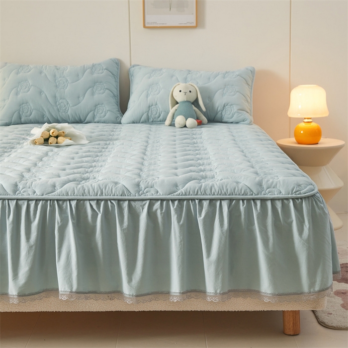 91家纺网 家纺一手货源 找家纺 3C 2024新款玫瑰水洗棉床裙式床笠 婴儿蓝