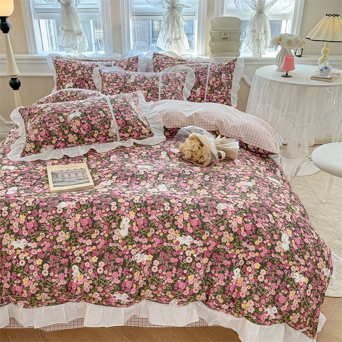 91家纺网 家纺一手货源 找家纺 简宜家居（朝初家纺） 2025新款40支斜纹全棉花边款四件套 紫鸢温柔