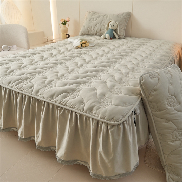 91家纺网 家纺一手货源 找家纺 3C 2024新款玫瑰水洗棉床裙式床笠 烟雾灰