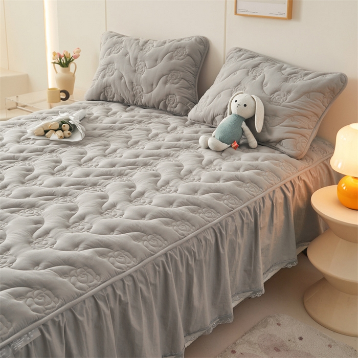 91家纺网 家纺一手货源 找家纺 3C 2024新款玫瑰水洗棉床裙式床笠 夜光灰