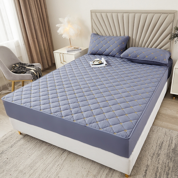 91家纺网 家纺一手货源 找家纺 3C 2024新款H标刺绣床笠 蓝灰