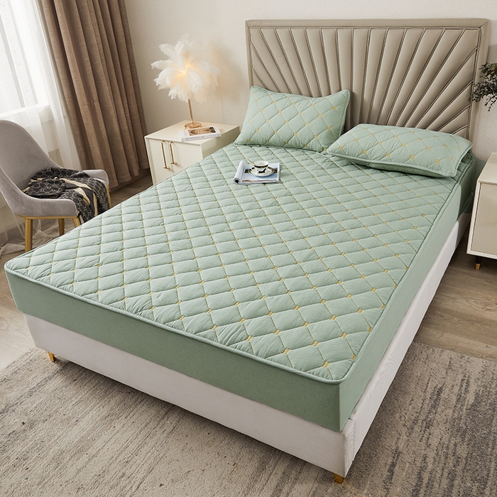 91家纺网 家纺一手货源 找家纺 3C 2024新款H标刺绣床笠 抹茶绿