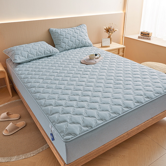 91家纺网 家纺一手货源 找家纺 3C 2024新款全棉色织水洗绵抗菌床笠 浅蓝色