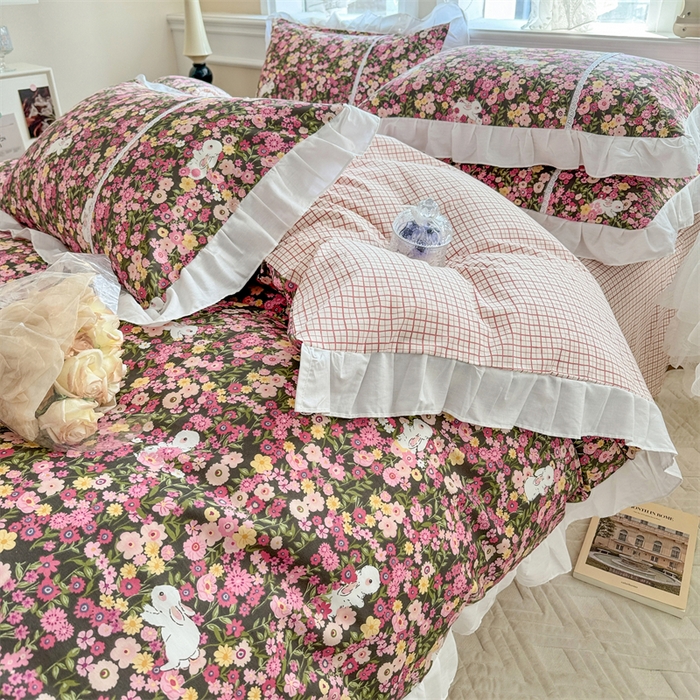 91家纺网 家纺一手货源 找家纺 简宜家居（朝初家纺） 2025新款40支斜纹全棉花边款四件套 紫鸢温柔