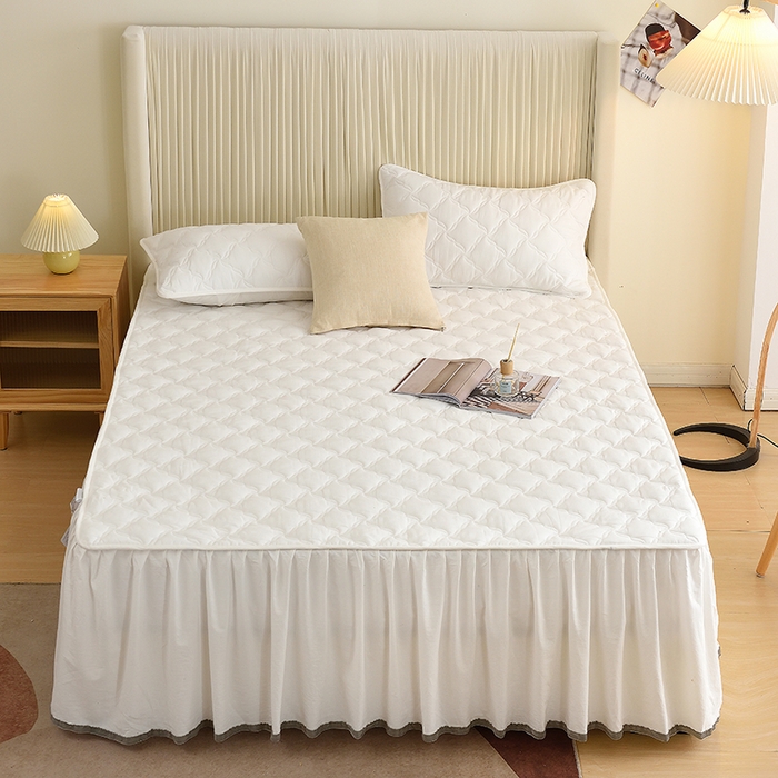 91家纺网 家纺一手货源 找家纺 3C 2024新款风车抗菌水洗棉床裙  珍珠白