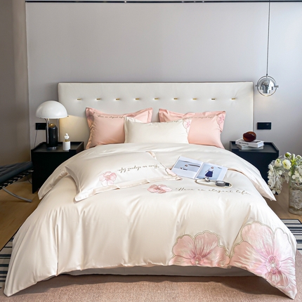 玖琳家纺 2024新款60s全棉长绒棉绣花国风轻奢四件套--锦绣花语系列 锦绣花语-白