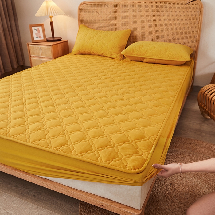 91家纺网 家纺一手货源 找家纺 3C 2024新款抗菌防螨透气防水夹棉床笠 柠檬黄