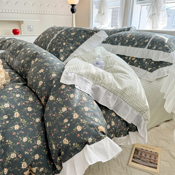 91家纺网 家纺一手货源 找家纺 简宜家居（朝初家纺） 2025新款40支斜纹全棉花边款四件套 水墨印花