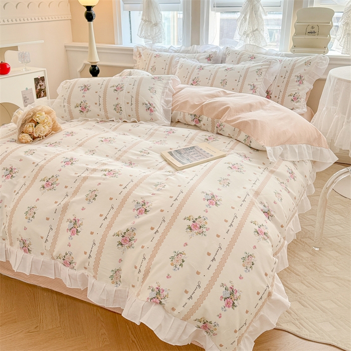 91家纺网 家纺一手货源 找家纺 简宜家居（朝初家纺） 2025新款40支斜纹全棉花边款四件套 粉色色卡