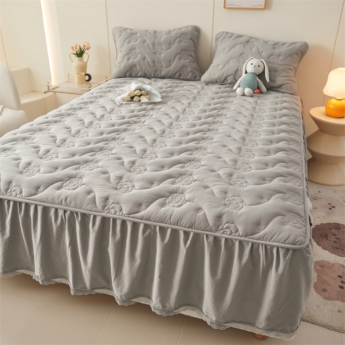 91家纺网 家纺一手货源 找家纺 3C 2024新款玫瑰水洗棉床裙式床笠 夜光灰