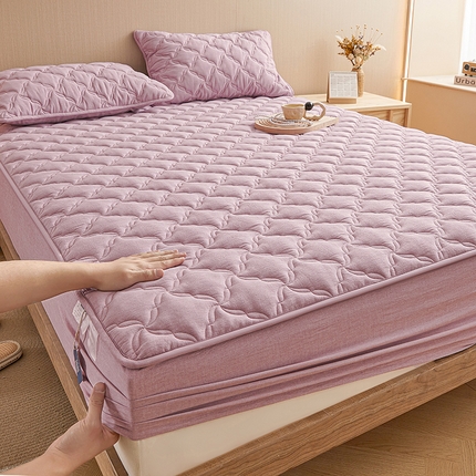 91家纺网 家纺一手货源 找家纺 3C 2024新款全棉色织水洗绵抗菌床笠 浅紫色