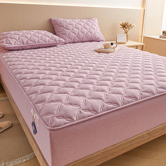 91家纺网 家纺一手货源 找家纺 3C 2024新款全棉色织水洗绵抗菌床笠 浅紫色