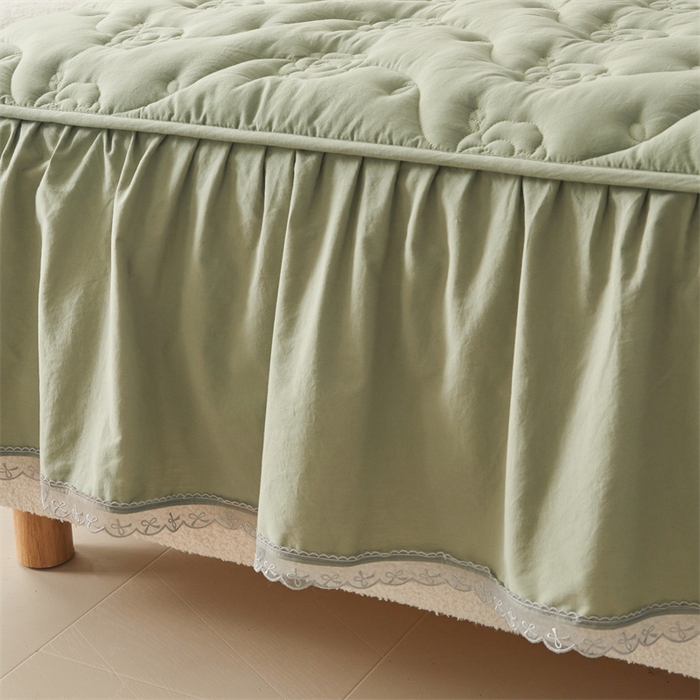 91家纺网 家纺一手货源 找家纺 3C 2024新款玫瑰水洗棉床裙式床笠 抹茶绿