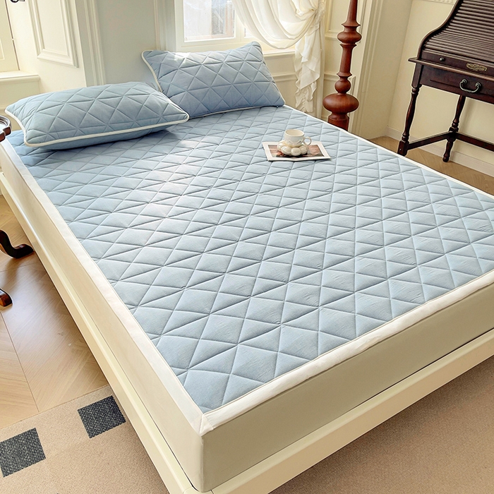 91家纺网 家纺一手货源 找家纺 3C 2024新款全棉夹棉大豆床护垫 洁净蓝