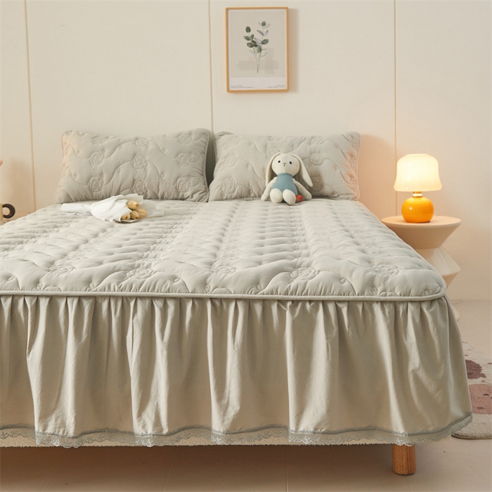 91家纺网 家纺一手货源 找家纺 3C 2024新款玫瑰水洗棉床裙式床笠 烟雾灰