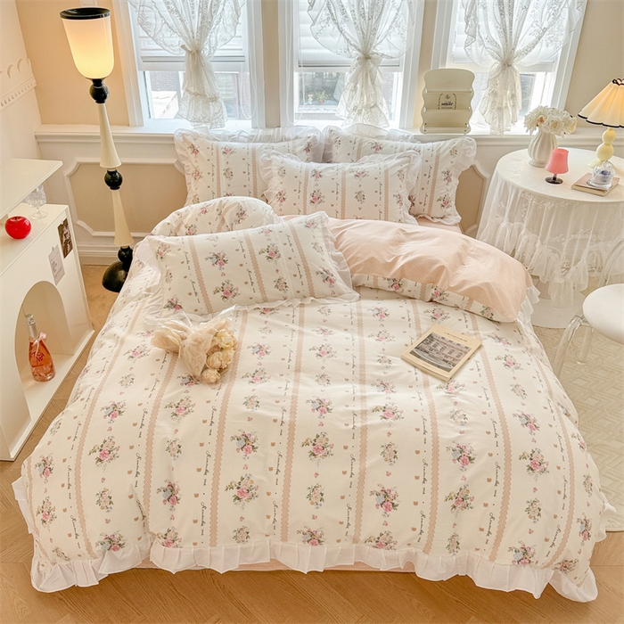 91家纺网 家纺一手货源 找家纺 简宜家居（朝初家纺） 2025新款40支斜纹全棉花边款四件套 粉色色卡