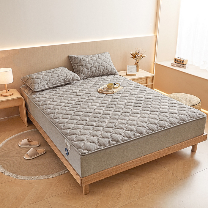 91家纺网 家纺一手货源 找家纺 3C 2024新款全棉色织水洗绵抗菌床笠 冰山灰