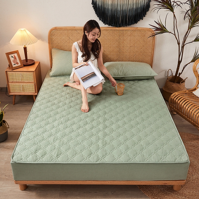 91家纺网 家纺一手货源 找家纺 3C 2024新款抗菌防螨透气防水夹棉床笠 抹茶绿